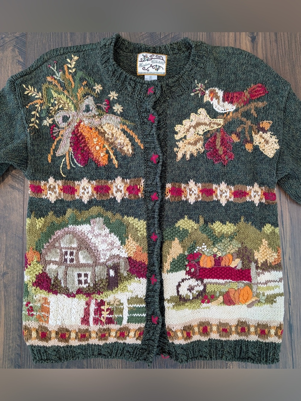 Heirloom Collectibles Women’s Fall Thanksgiving Knit Cardigan Green Size Small - Picture 2 of 9
